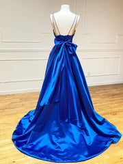 Royal Blue Satin A Line V Neck Long Prom Dress With Bow Tie