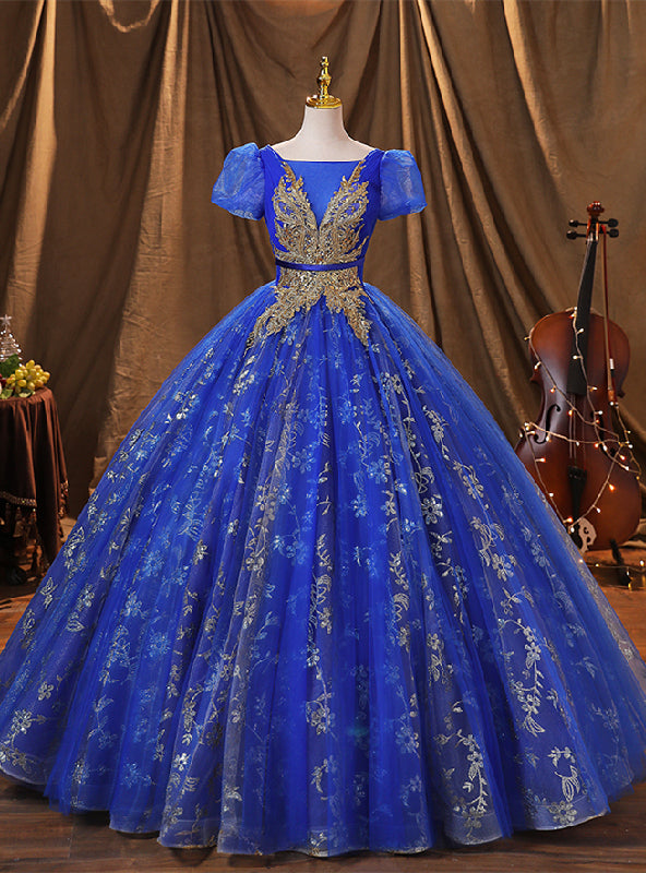 Royal Blue Tulle Pleats Sequins Appliques Quinceanera Dress