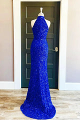 Party Dress Websites, Sequins High Neck Royal Blue Long Party Dress with Slit