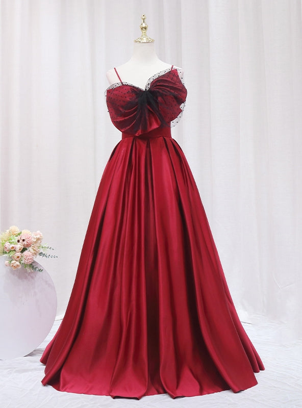 Sexy Burgundy Satin Spaghetti Straps Bow Prom Dress