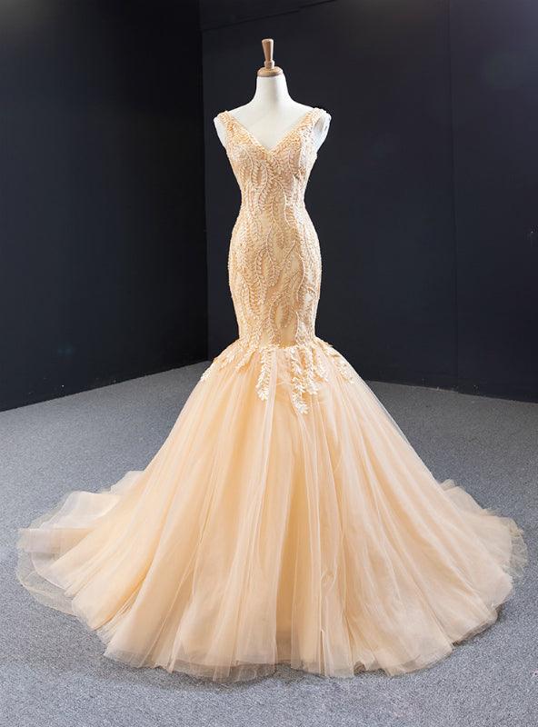 Sexy Champagne Mermaid Tulle Appliques V-neck Prom Dress