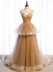 Sexy Champagne Tulle Spaghetti Straps Prom Dress