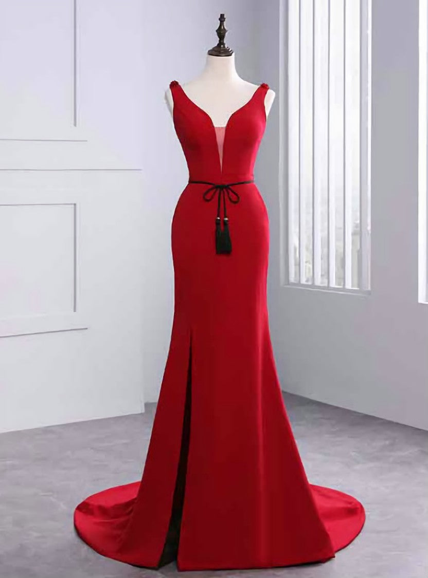 Sexy Mermaid Red Satin V-neck Backless Prom Dress With Sash