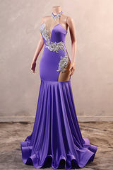 Sexy Purple Mermaid Prom Dresses Heavily Beading Women Evening Dresses Halter Neck