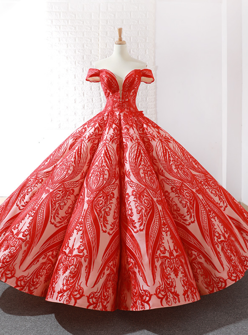 Shop Long Champagne And Red Sequins Ball Gown Off The Shoulder Prom Dress