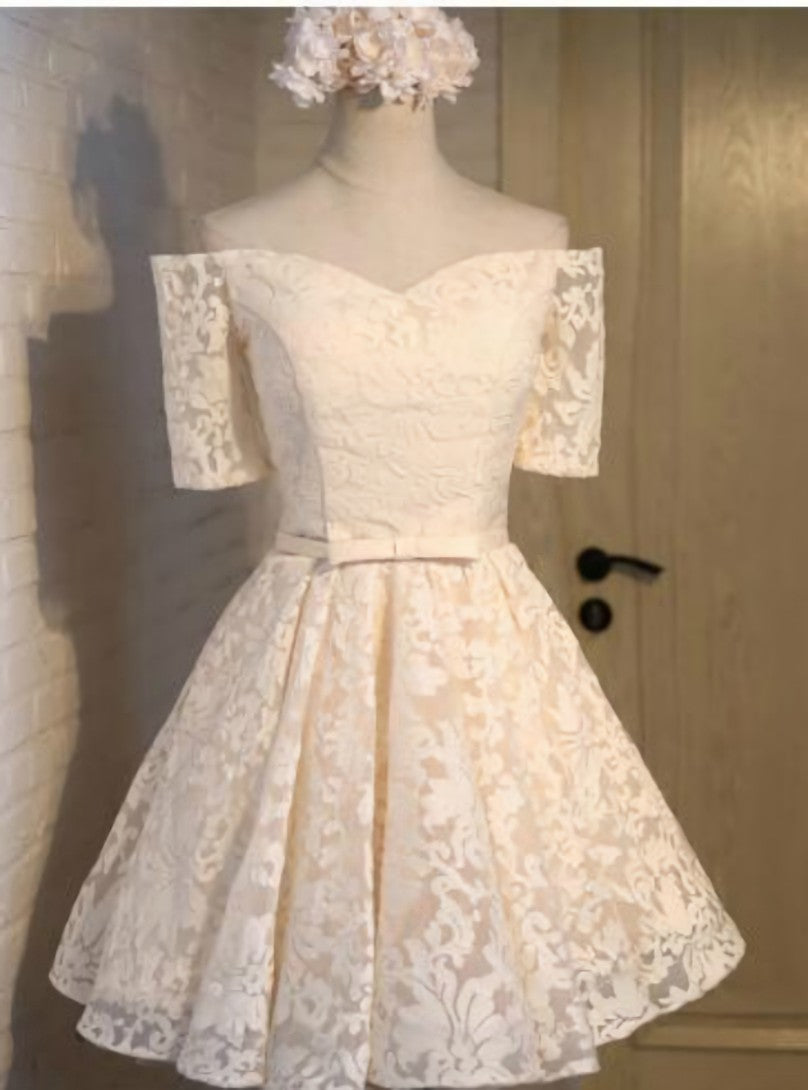 Short Sleeve Yellow Lace Homecoming Dress