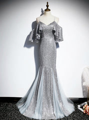 Silver Gray Mermaid Sequins Spaghetti Straps Prom Dress