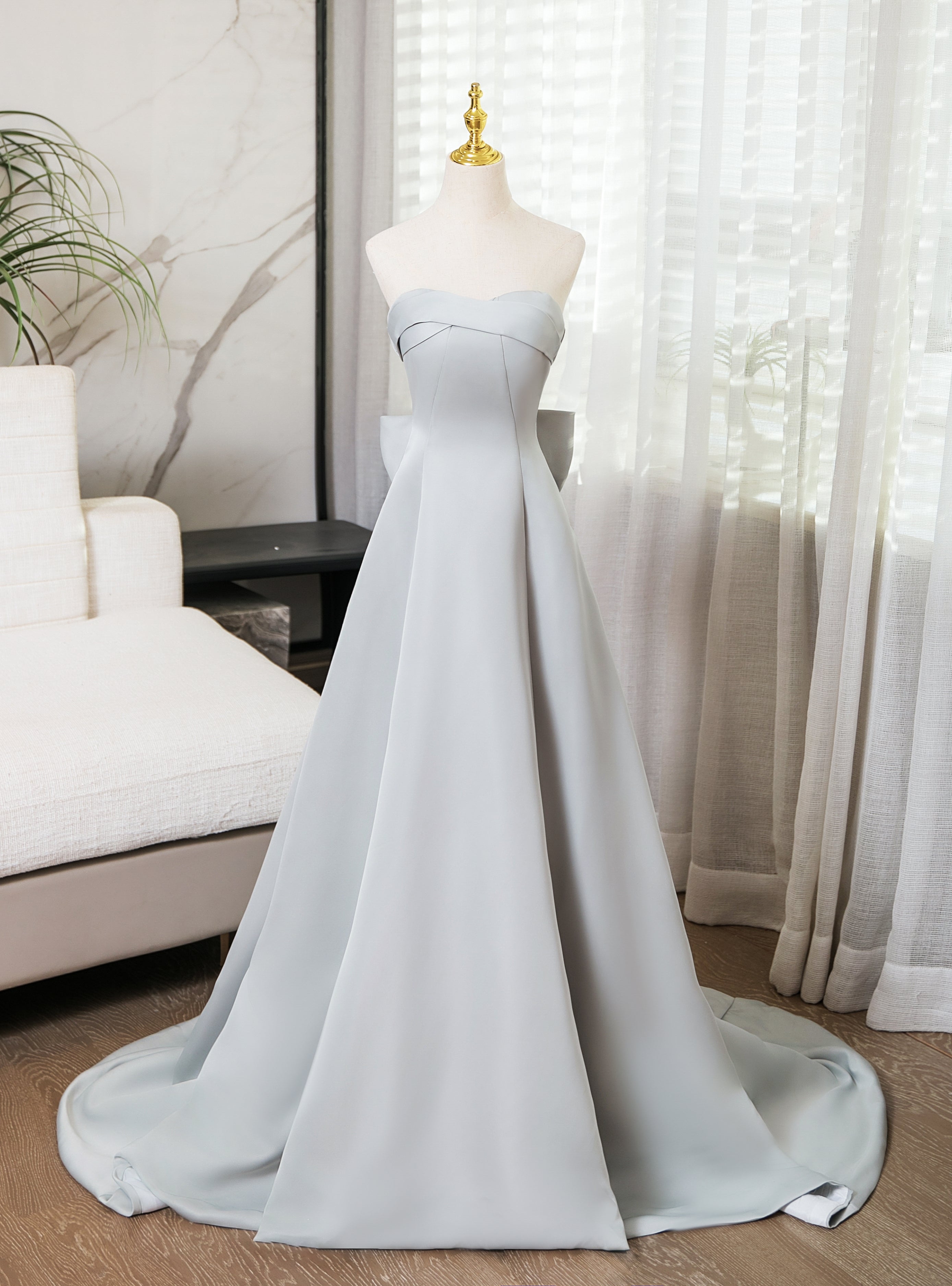 Silver Gray Strapless Bow Prom Dress