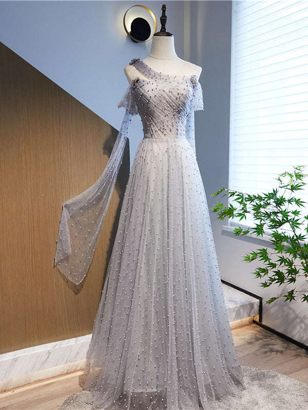 Silver Gray Tulle Sequins Scoop Neck Pearls Prom Dress