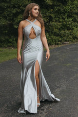 Silver Halter Mermaid Satin Beaded Prom Dress With Split