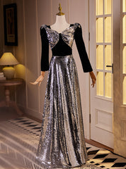 Silver Sequins Black Velvet Long Sleeve Prom Dress