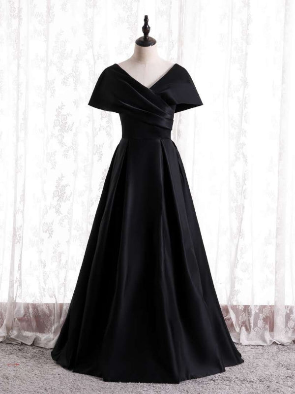 Simple Black Satin V-neck Pleats Prom Dress