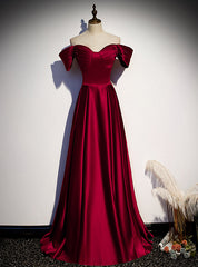 Simple Burgundy Satin Off the Shoulder Beading Prom Dress