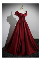 Simple Satin Burgundy Long Evening Gown with Short Sleeves