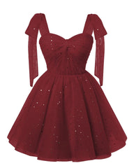 Sparkly Starry Burgundy Tulle Short Homecoming Dresses Spaghetti Bow Straps Prom Dress Sequin Cocktail Party Dress for Teens