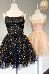 Straps Champagne A-Line Tulle Homecoming Dress with Gold Stars