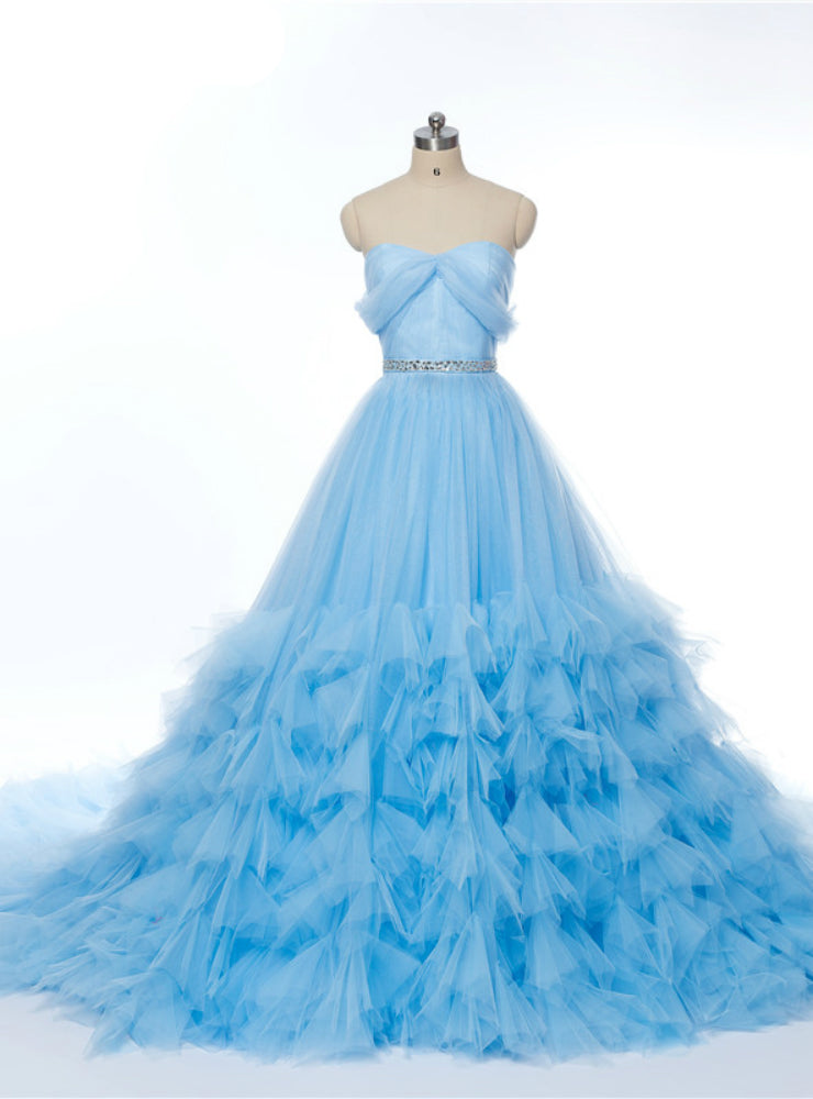 Sweetheart Blue Ruched Crystal Tulle Bridal Train Wedding Dress