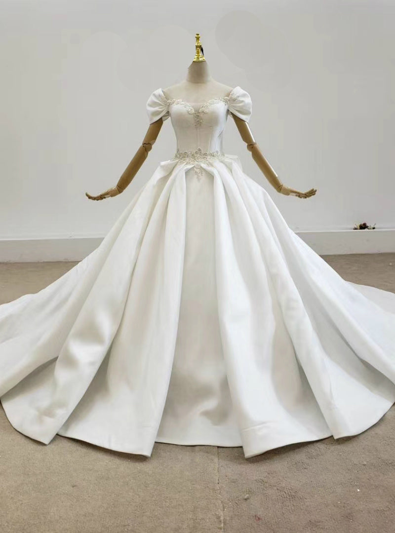 Take Center Stage In White Ball Gown Satin Square Neck Pleats Beading Wedding Dress With Bow