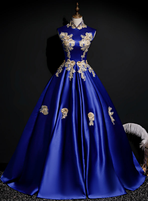 The Best Discount Blue Ball Gown Satin High Neck Appliques Backless Quinceanera Dress