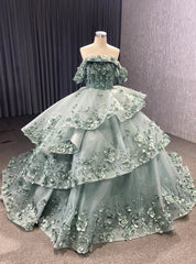 Tulle Off the Shoulder 3D Appliques Tiers Prom Dress