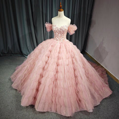 Tulle Tufted Pink Floral Quincea?era Ball Gown Dress