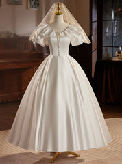 Vintage White Satin Puff Sleeve Wedding Dress