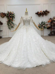 Wear a Classic Ivory White Ball Gown Tulle Lace Off the Shoulder Beading Wedding Dress