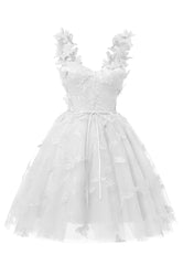 White 3D Butterfly Lace Applique Tulle Homecoming Dress for Teens Sweetheart Mini Short Prom Dresses