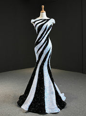 White And Black Mermaid Sequins Cap Sleeve Prom Dress