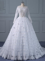 White Ball Gown Long Sleeve Lace Appliques With Beading Wedding Dress