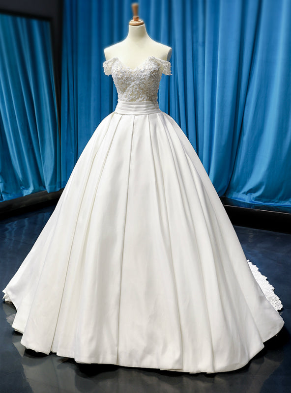 White Ball Gown Satin Off the Shoulder Wedding Dress With Beading