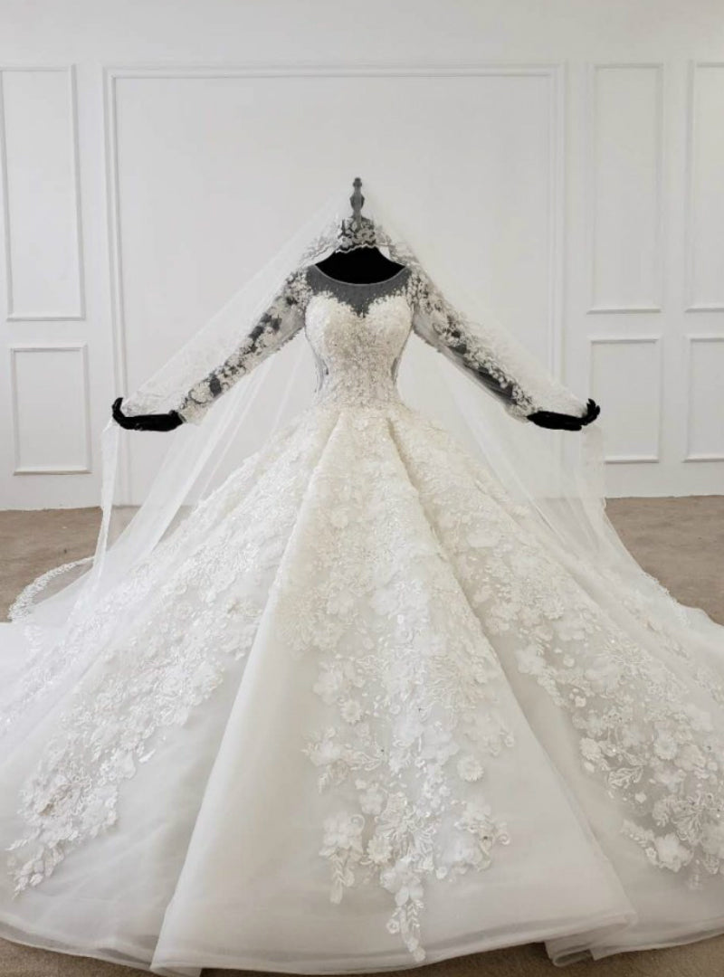 White Ball Gown Tulle 3D Appliques Long Sleeve Wedding Dress With Veil