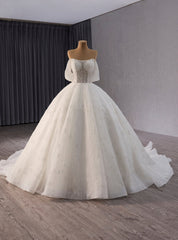 White Ball Gown Tulle Beading Off the Shoulder Wedding Dress