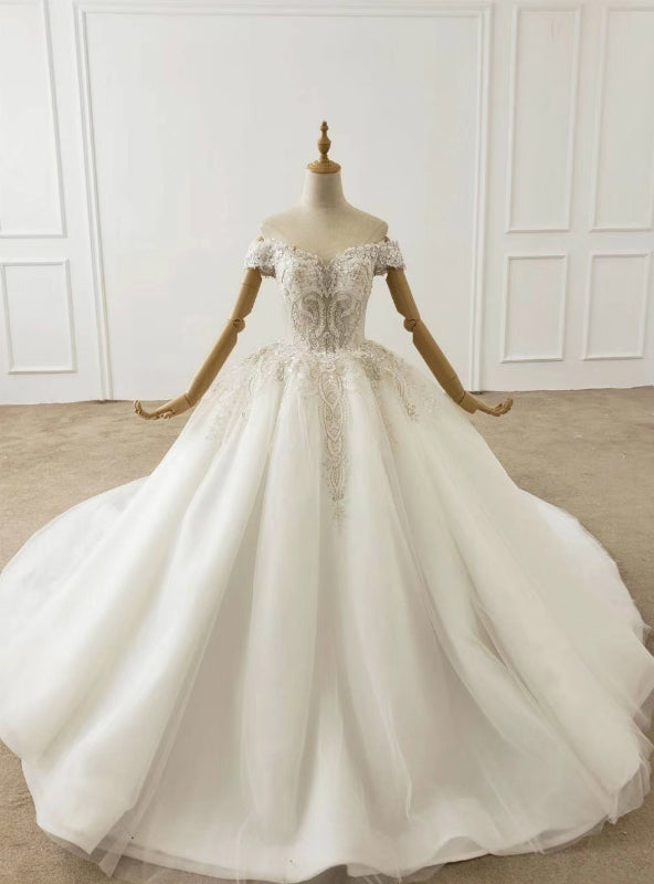 White Ball Gown Tulle Off the Shoulder Beading Wedding Dress