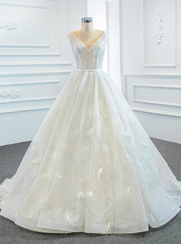 White Ball Gown Tulle Sequins Feather Sleeveless Wedding Dress