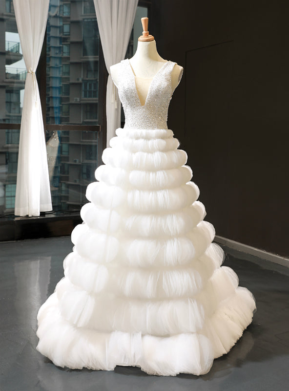 White Ball Gown V-neck Backless Tulle Beading Sequins Floor Length Wedding Dress