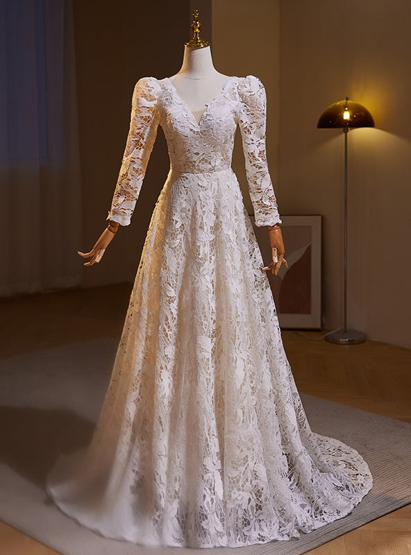 White Lace Long Sleeve V-neck Wedding Dress