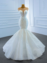 White Mermaid Lace Cap Sleeve Beading Wedding Dress