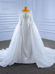 White Mermaid Long Sleeve Perals Beading Wedding Dress With Detachable Train