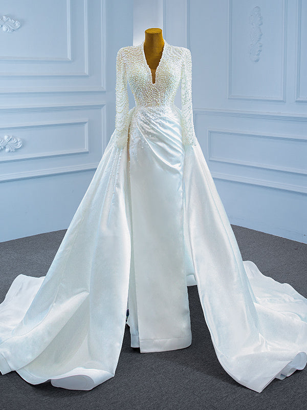 White Mermaid Satin Pearls Long Sleeve Wedding Dress