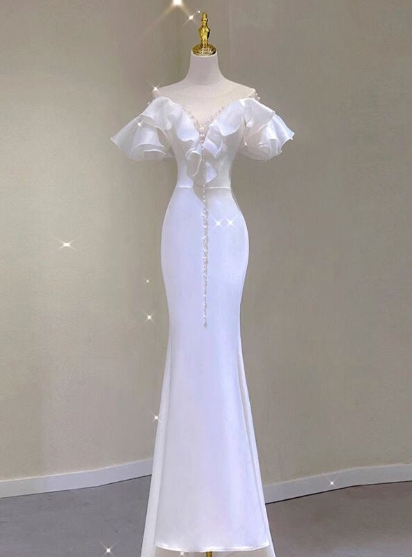 White Mermaid Satin Pearls Wedding Dress