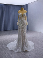 White Mermaid Sequins Long Sleeve Strapless Pearls Wedding Dress