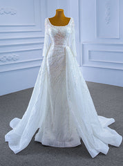 White Mermaid Sequins Square Long Sleeve Pearls Wedding Dress