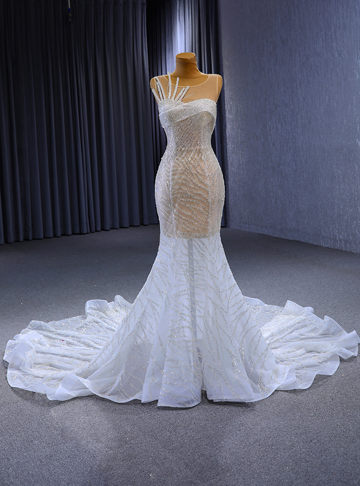 White Mermaid Sequins Wedding Dress With Train