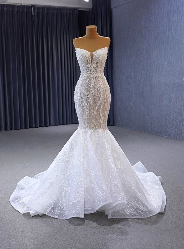 White Mermaid Strapless Pearls Wedding Dress