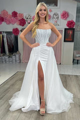 White Mermaid Strapless Satin Long Prom Dresses With Beading