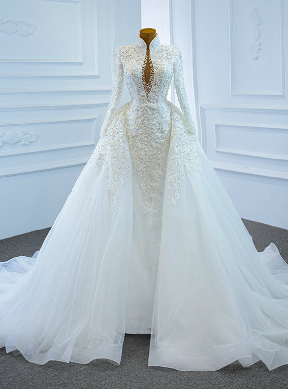 White Mermaid Tulle Long Sleeve Appliques Pearls Wedding Dress