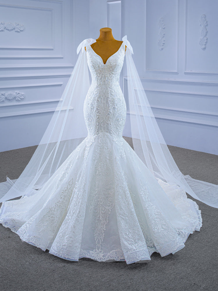 White Mermaid V-neck Appliques Wedding Dress