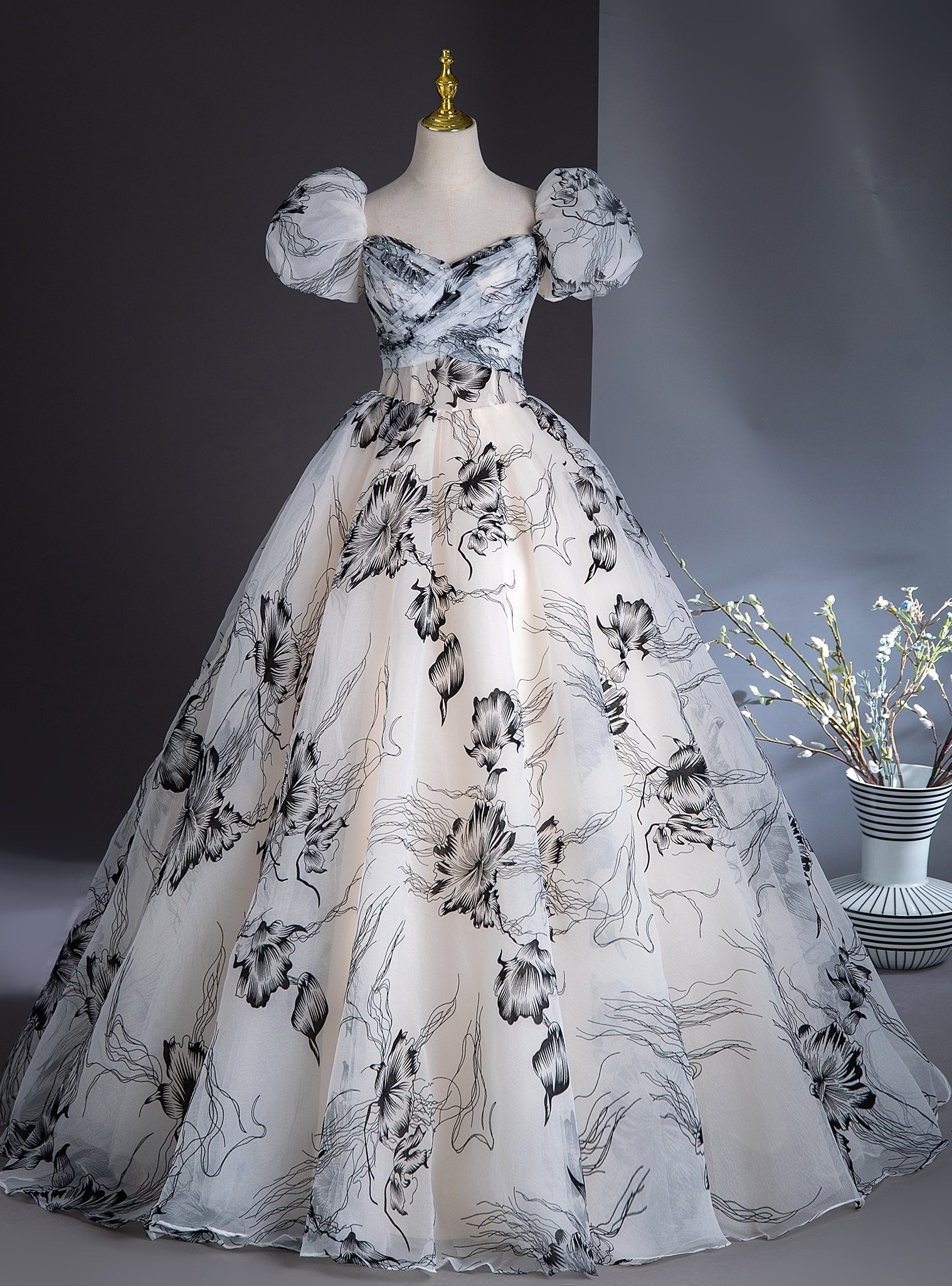 White Print Puff Sleeve Off the Shoulder Quinceanera Dress