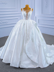 White Satin Appliques Pearls See Through Wedding Dress